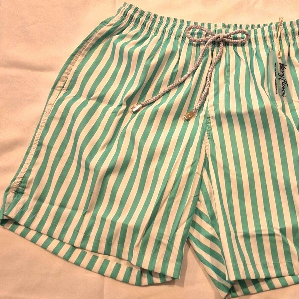 NWT Kenny Flowers Aqua and White Vertical Stripe Swim Trunks XL